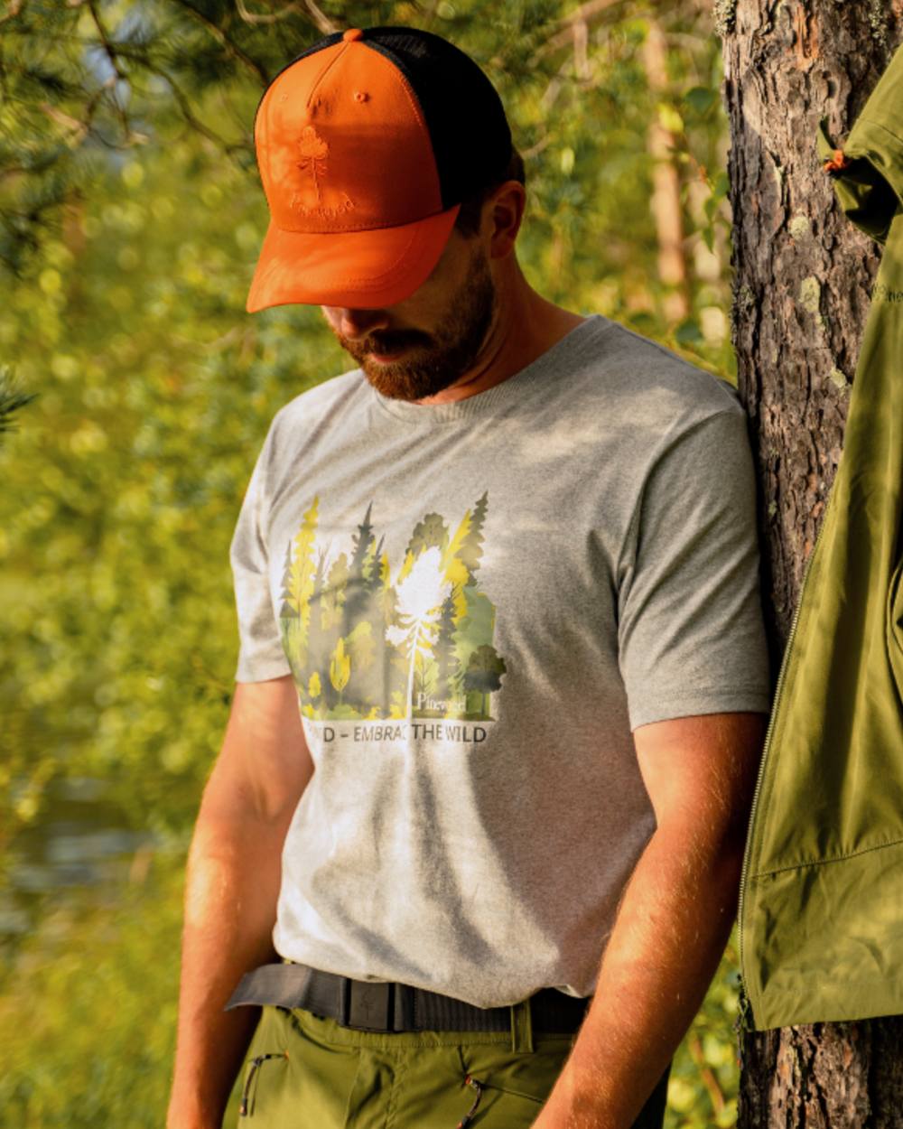 Light Grey Melange Forest coloured Pinewood Mens Finnveden Recycled T-Shirt on forest background 