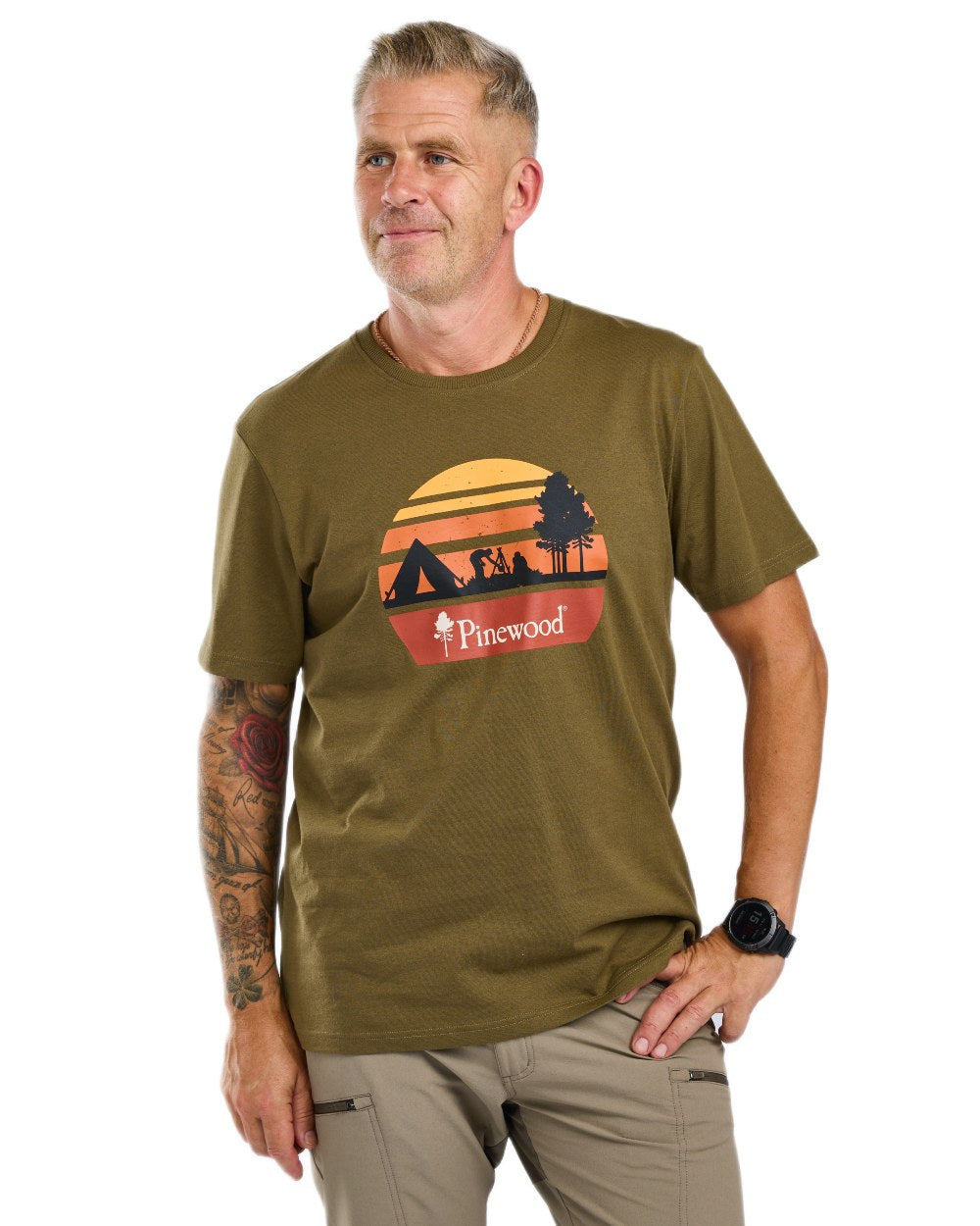 Olive Melange Campsite coloured Pinewood Mens Finnveden Recycled T-Shirt on white background 