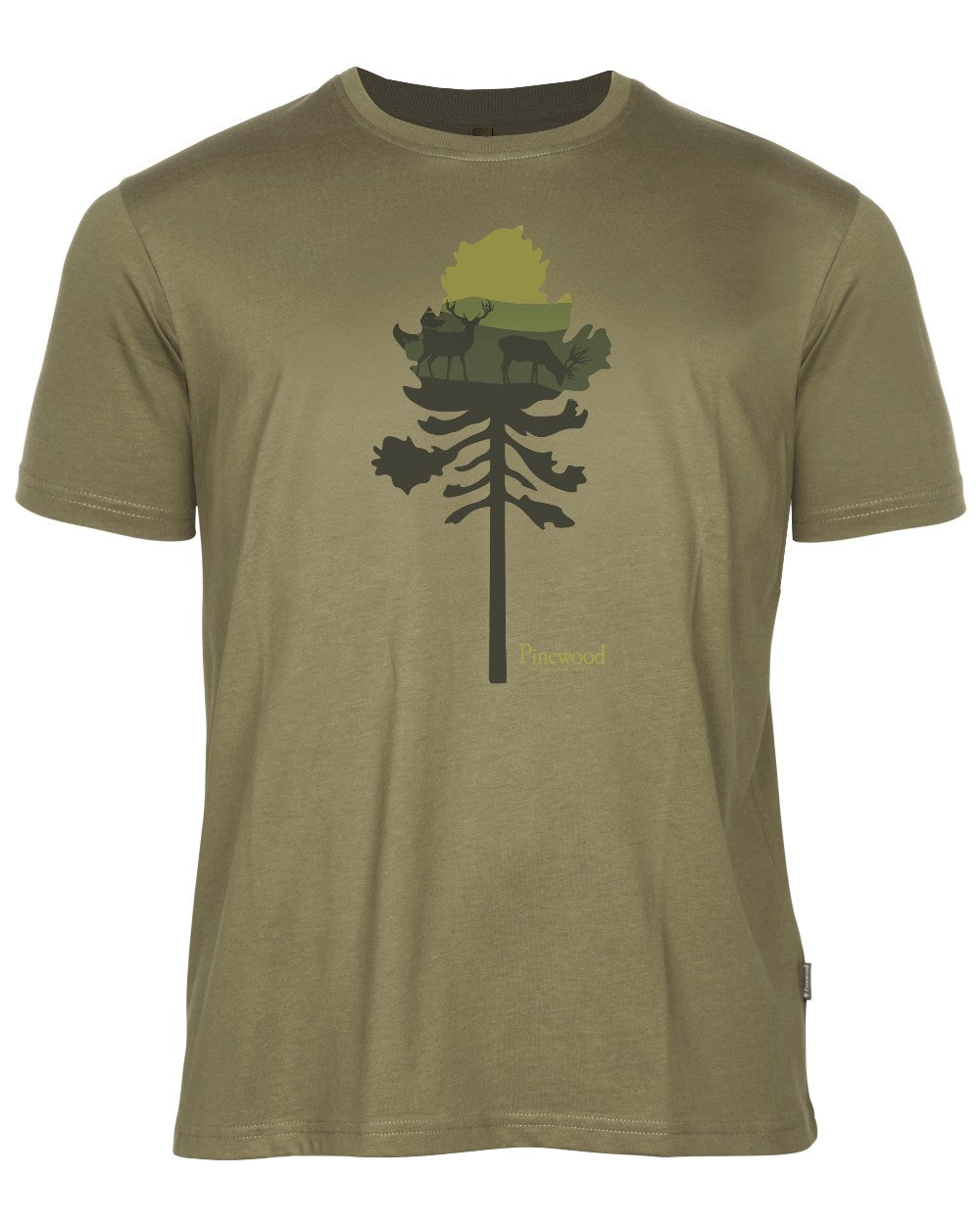 Olive Melange Pine Tree coloured Pinewood Mens Finnveden Recycled T-Shirt on white background 