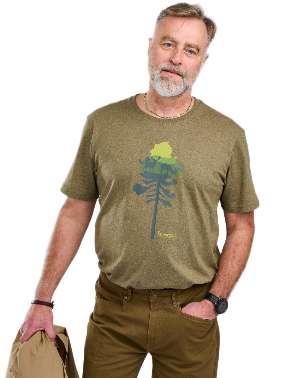 Olive Melange Pine Tree coloured Pinewood Mens Finnveden Recycled T-Shirt on white background 
