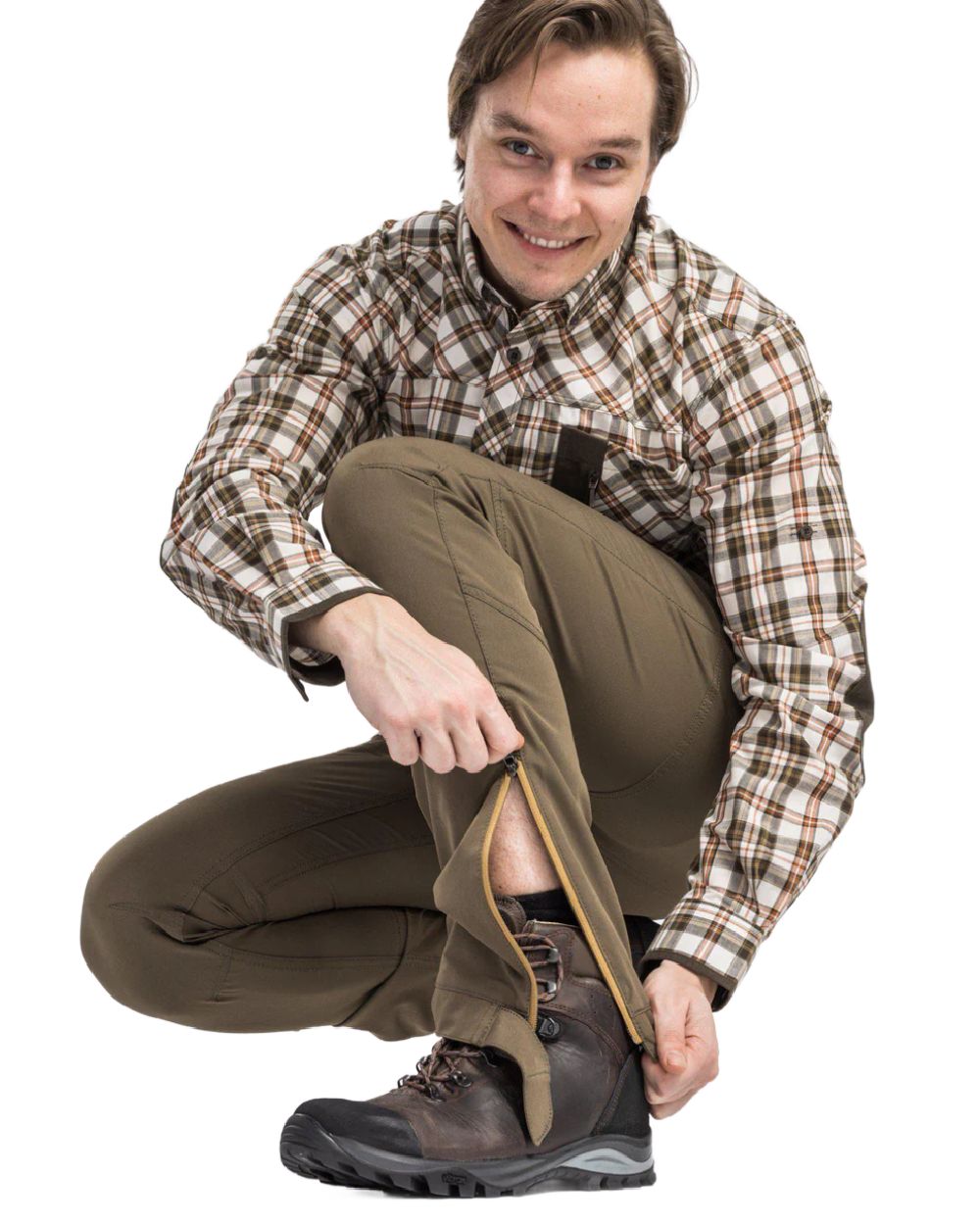 Earth Brown coloured Pinewood Mens Finnveden Trail Stretch Trousers on white background 