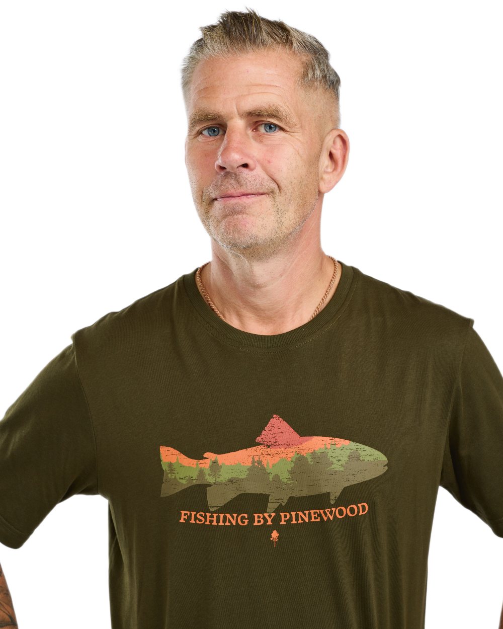 Green coloured Pinewood Mens Fish T-Shirt on white background 