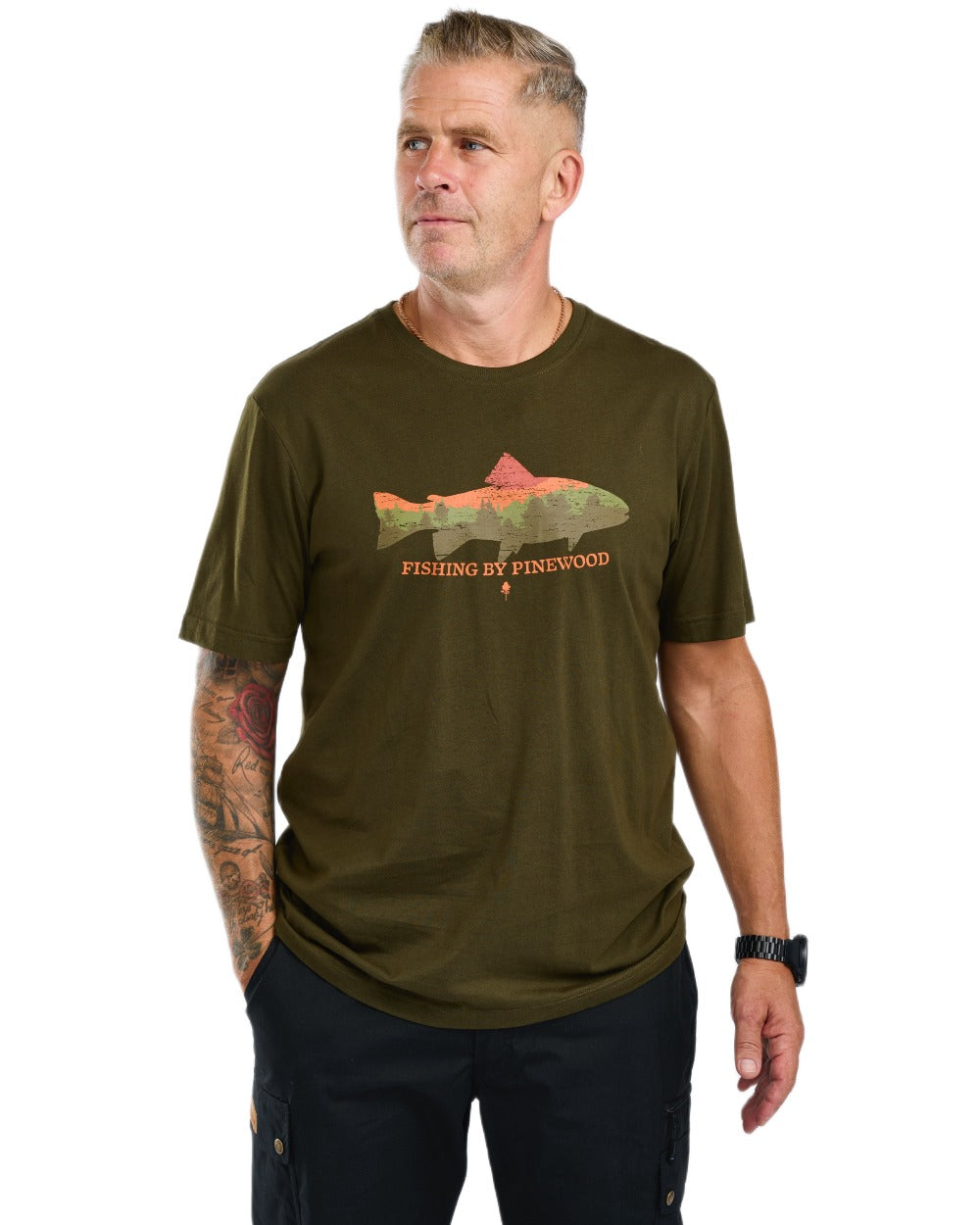 Green coloured Pinewood Mens Fish T-Shirt on white background 