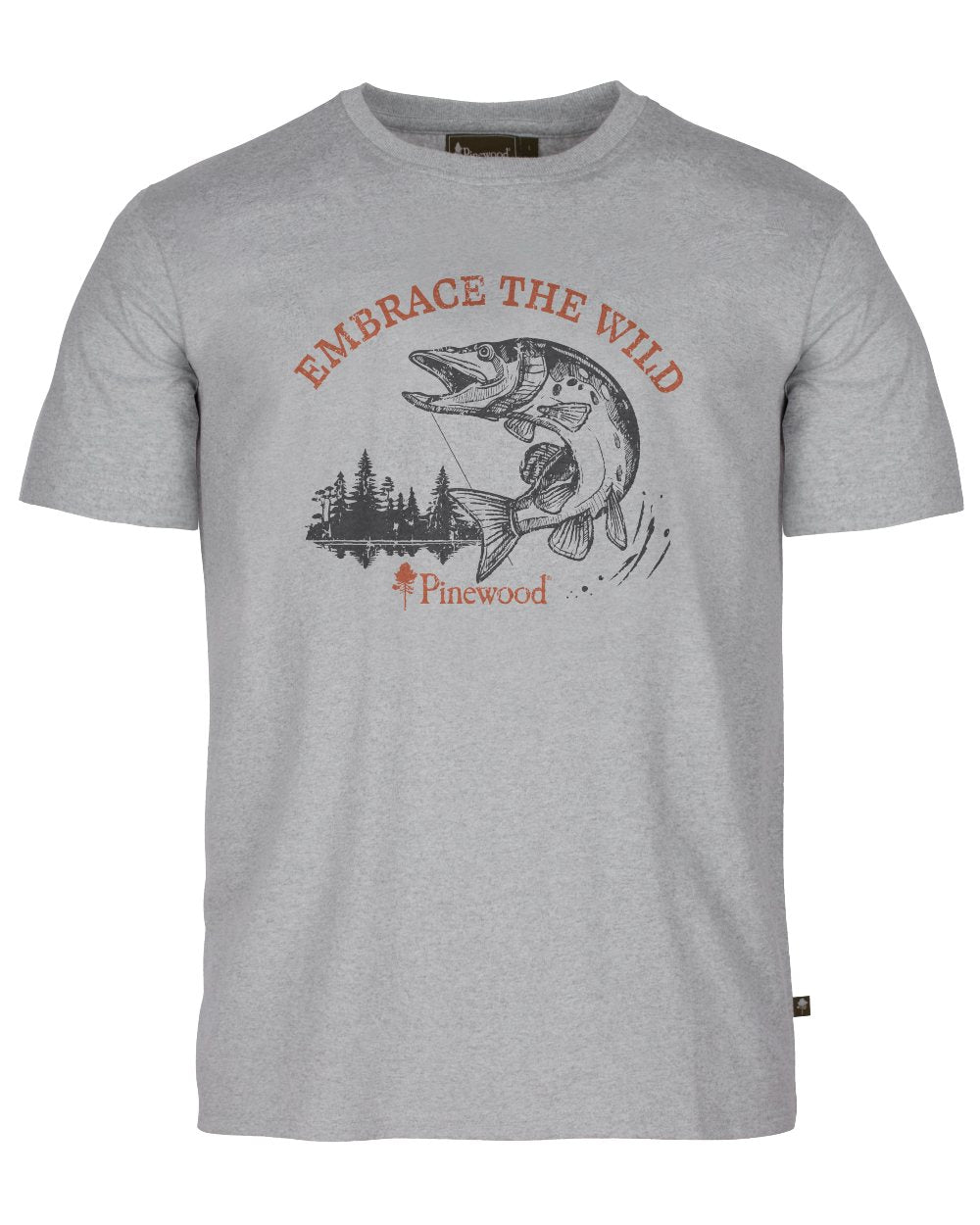 Light Grey Melange Pike coloured Pinewood Mens Fishing T-Shirt on white background 