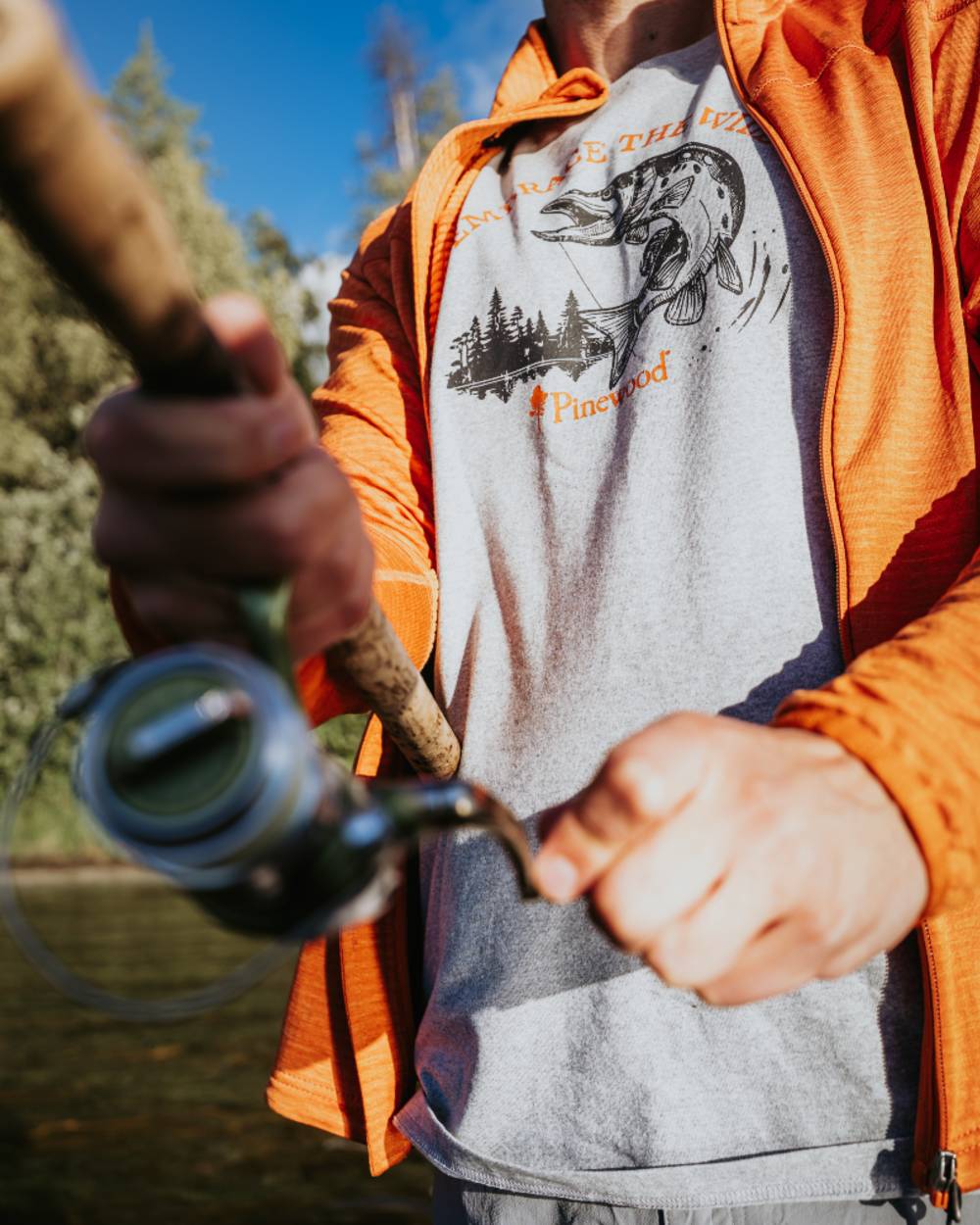 Light Grey Melange Pike coloured Pinewood Mens Fishing T-Shirt on lake background 