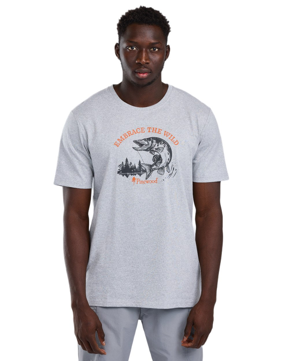 Light Grey Melange Pike coloured Pinewood Mens Fishing T-Shirt on white background 