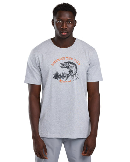 Light Grey Melange Pike coloured Pinewood Mens Fishing T-Shirt on white background 