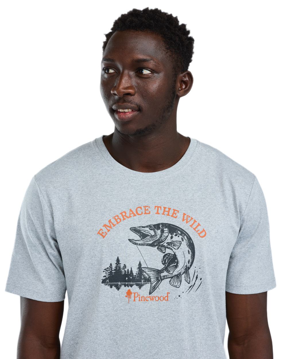 Light Grey Melange Pike coloured Pinewood Mens Fishing T-Shirt on white background 