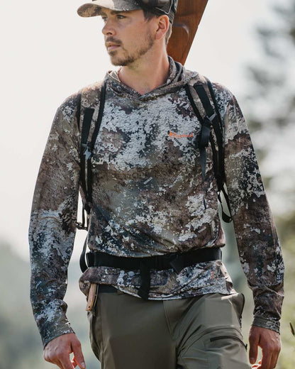 Strata coloured Pinewood Mens Furudal Camou InsectSafe Hoodie on forest background 