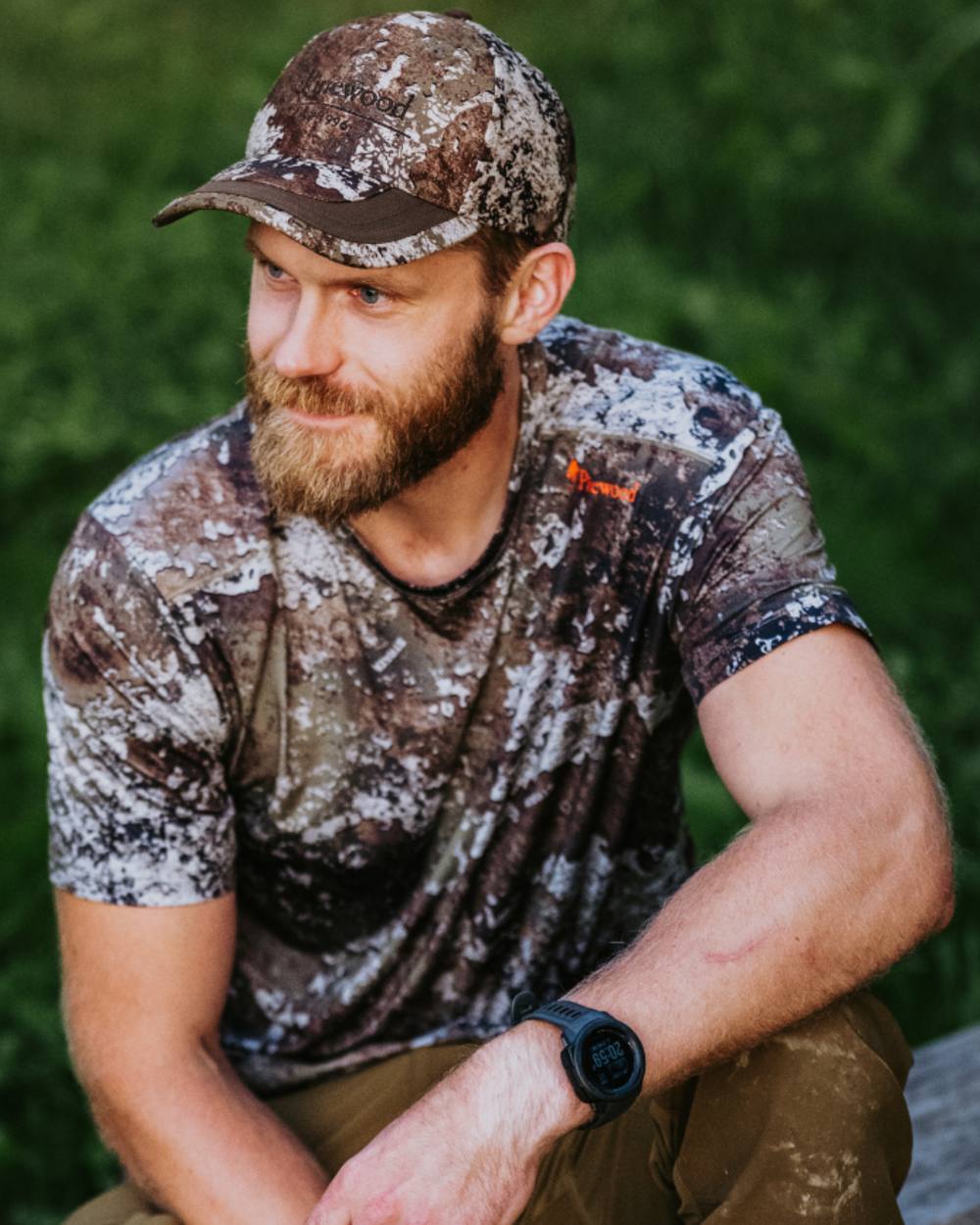 Strata coloured Pinewood Mens Furudal Camou T-Shirt on forest background 