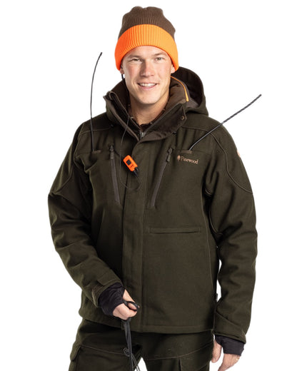 Moss Green coloured Pinewood Mens Furudal Hunters Wool Jacket on white background 