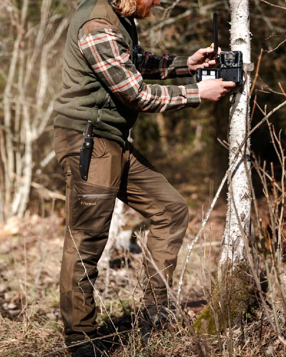Hunting Brown Suede Brown Coloured Pinewood Mens Furudal Retriever Active Hunting Trousers on outdoor background 