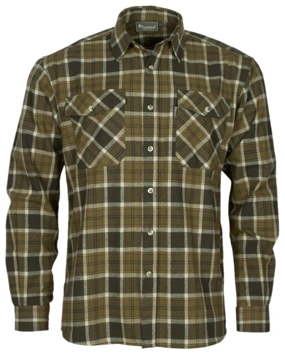 Hunting Olive Khaki Coloured Pinewood Mens Harjedalen Shirt on white background 