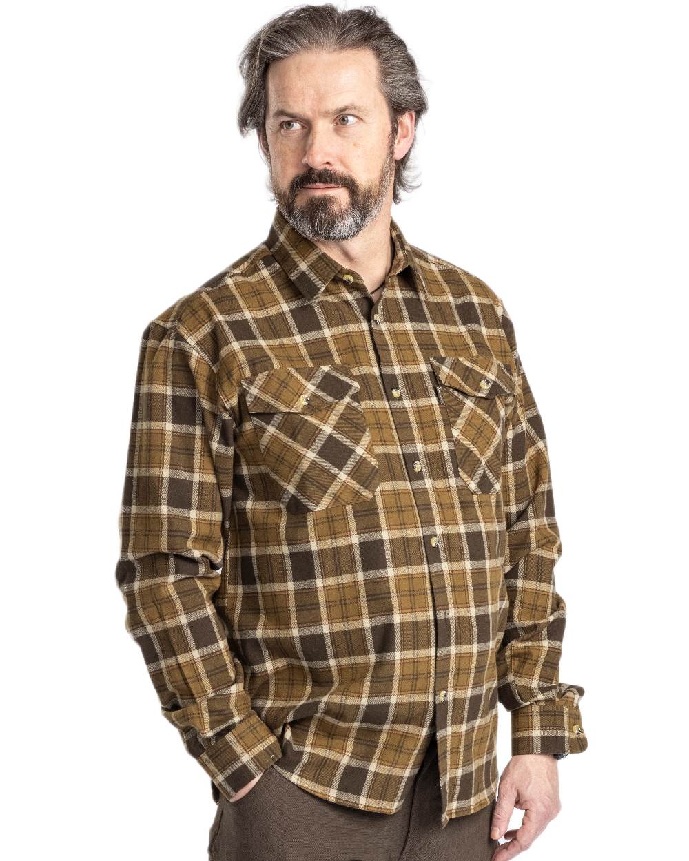 Hunting Olive Khaki Coloured Pinewood Mens Harjedalen Shirt on white background 