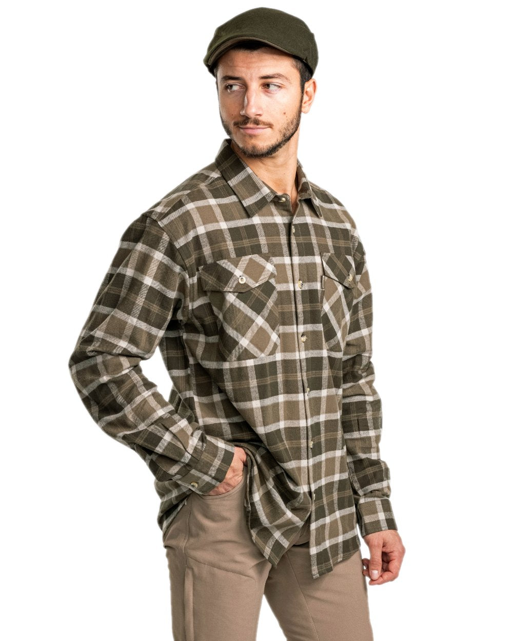 Moss Green Hunting Olive Coloured Pinewood Mens Harjedalen Shirt on white background 