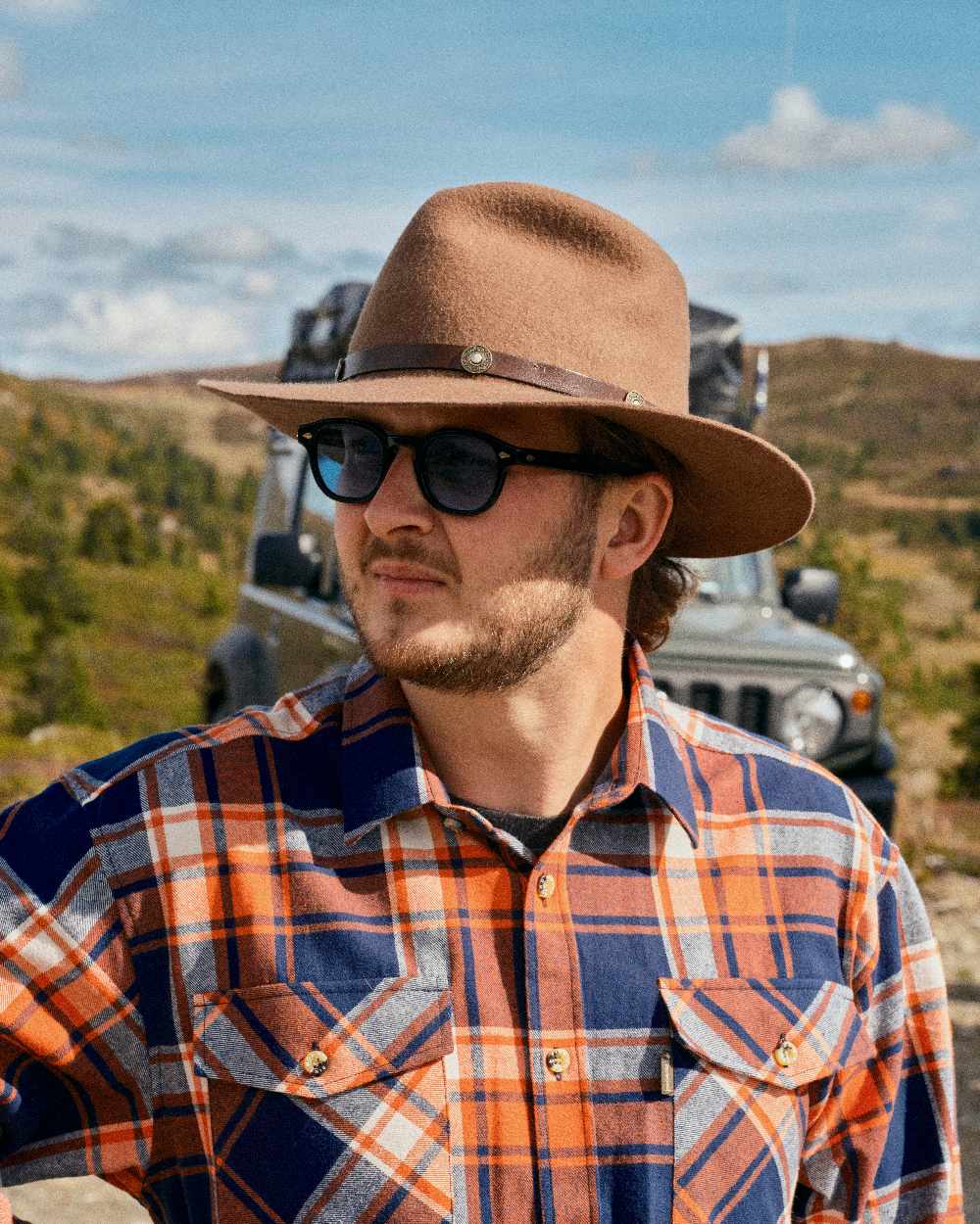 Navy Orange Coloured Pinewood Mens Harjedalen Shirt on outdoor background 