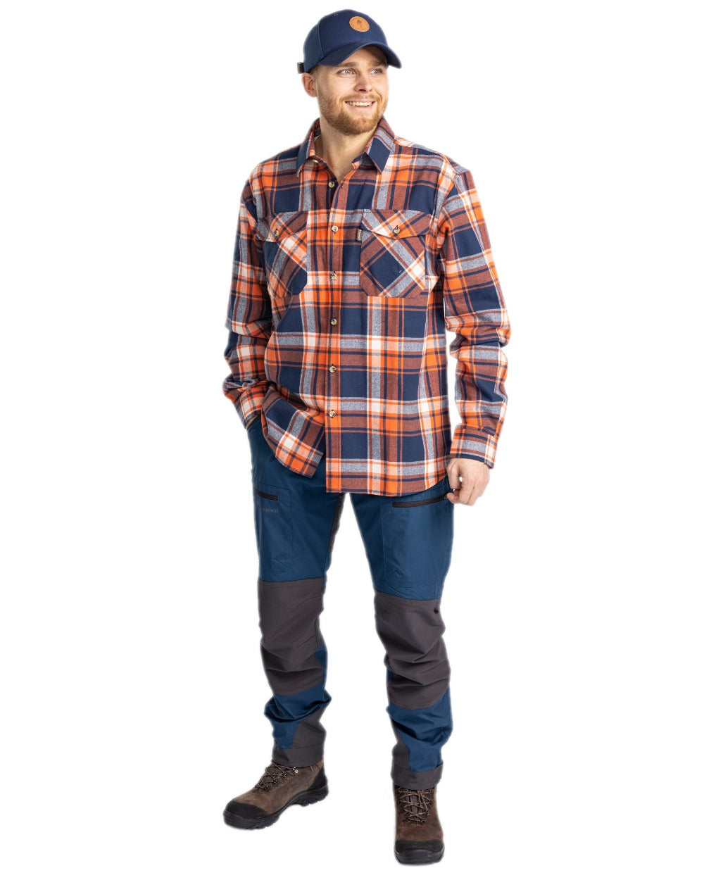 Navy Orange Coloured Pinewood Mens Harjedalen Shirt on white background 