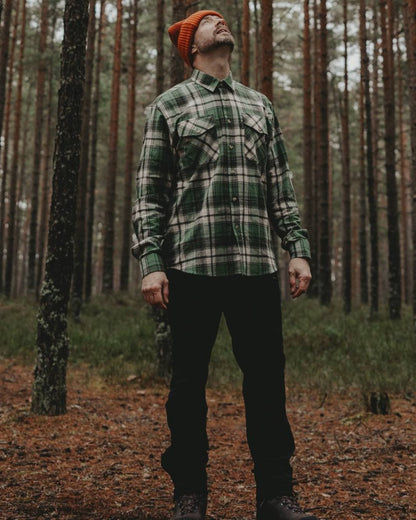 Sage Green Moss Green coloured Pinewood Mens Harjedalen Shirt on forest background 