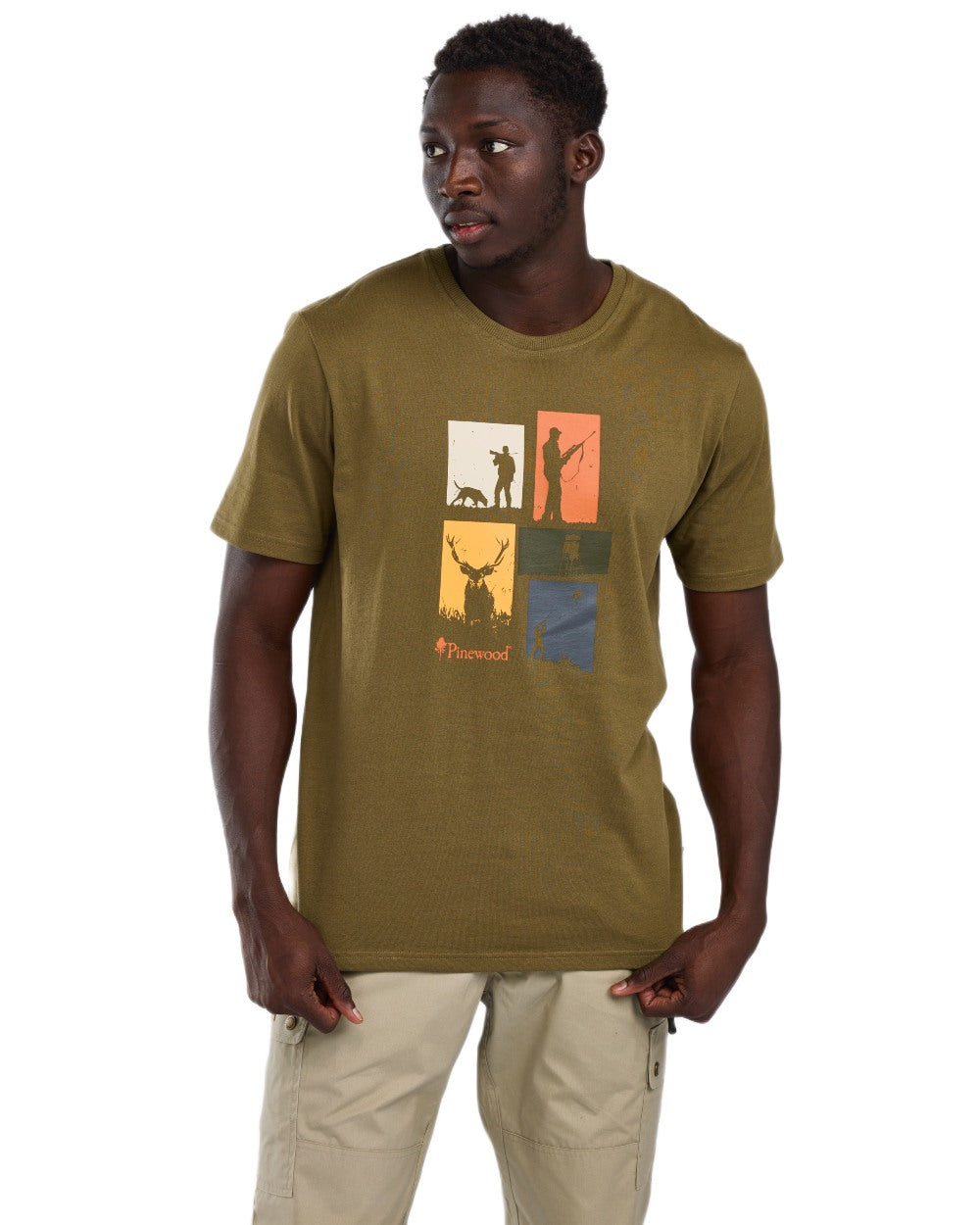 Olive Melange coloured Pinewood Mens Hunting T-Shirt on white background 