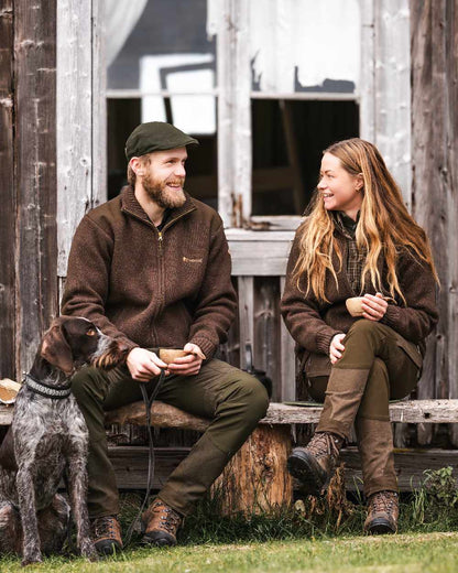 Dark Brown Mel Coloured Pinewood Mens Hurricane Full Zip Sweater on outdoor background 