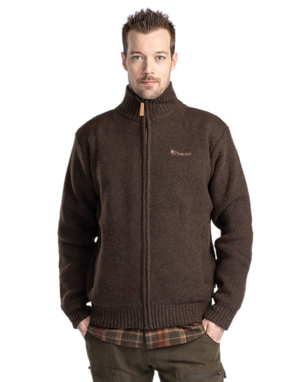 Dark Brown Mel Coloured Pinewood Mens Hurricane Full Zip Sweater on white background 