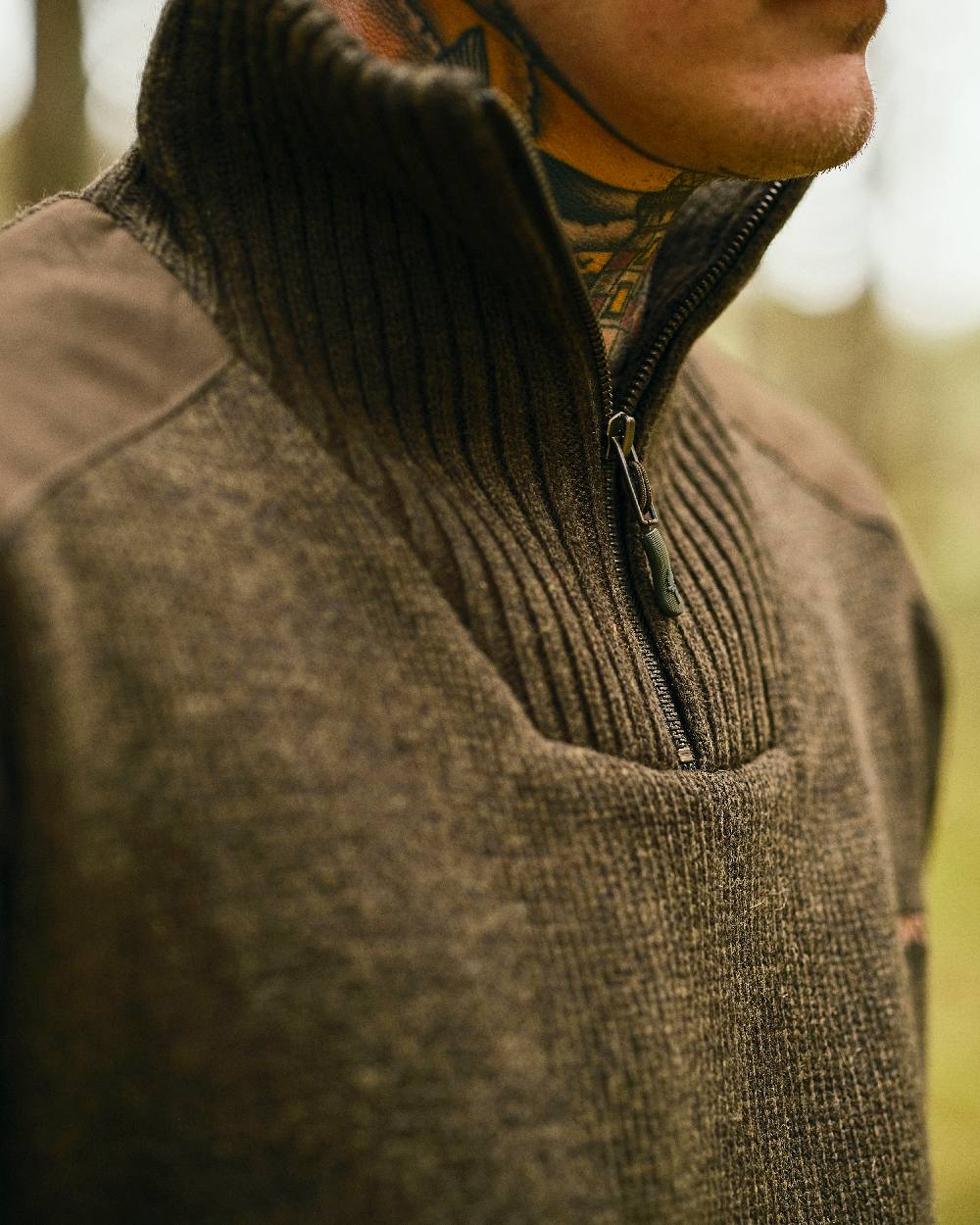 Dark Green Mel Coloured Pinewood Mens Hurricane Sweater on outdoor background 