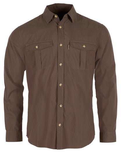Dark Olive coloured Pinewood Mens InsectSafe Poplin Long Sleeve Shirt on white background 
