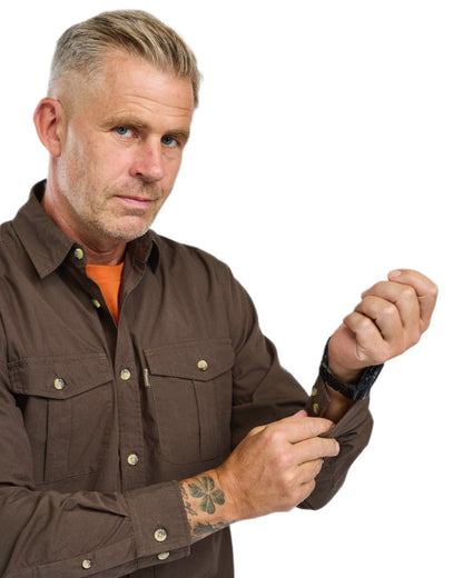 Dark Olive coloured Pinewood Mens InsectSafe Poplin Long Sleeve Shirt on white background 