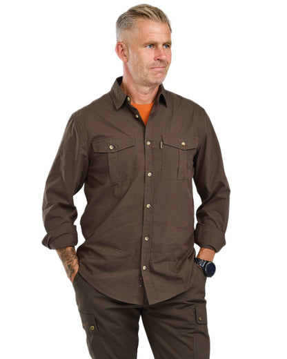 Dark Olive coloured Pinewood Mens InsectSafe Poplin Long Sleeve Shirt on white background 