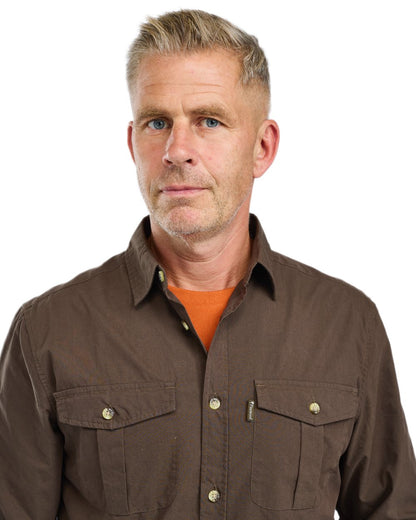 Dark Olive coloured Pinewood Mens InsectSafe Poplin Long Sleeve Shirt on white background 