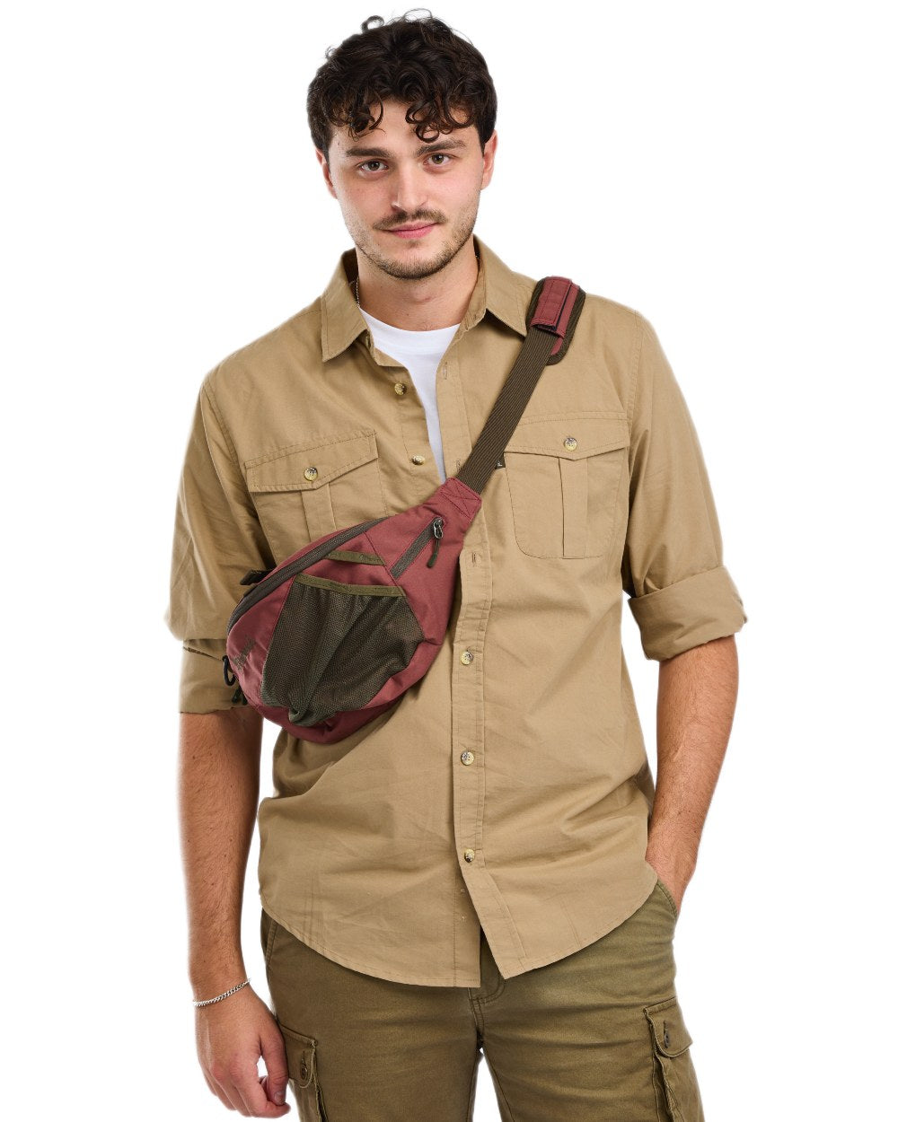 Sandstone coloured Pinewood Mens InsectSafe Poplin Long Sleeve Shirt on white background 