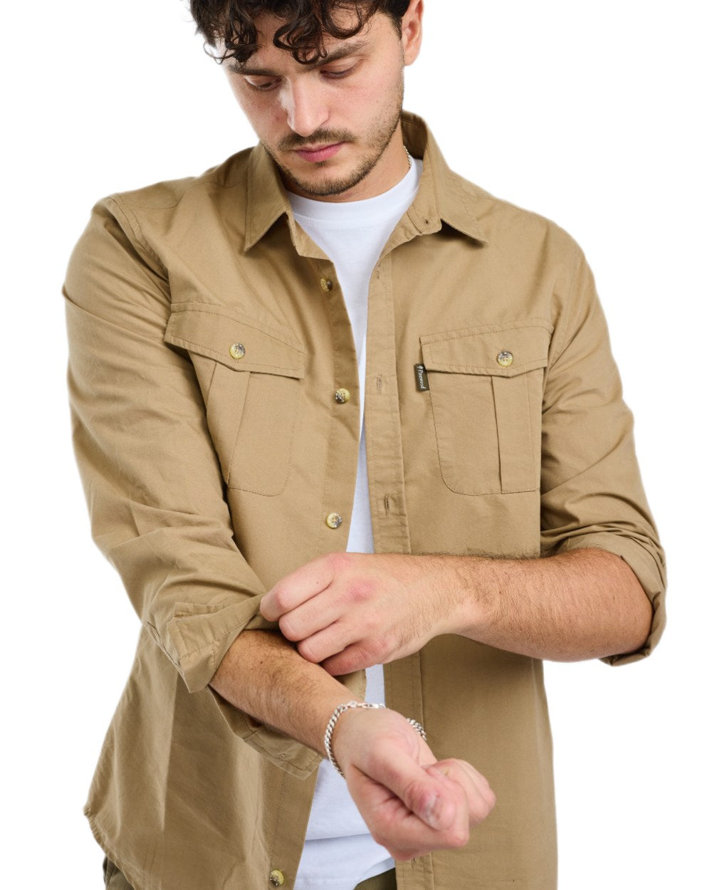 Sandstone coloured Pinewood Mens InsectSafe Poplin Long Sleeve Shirt on white background 