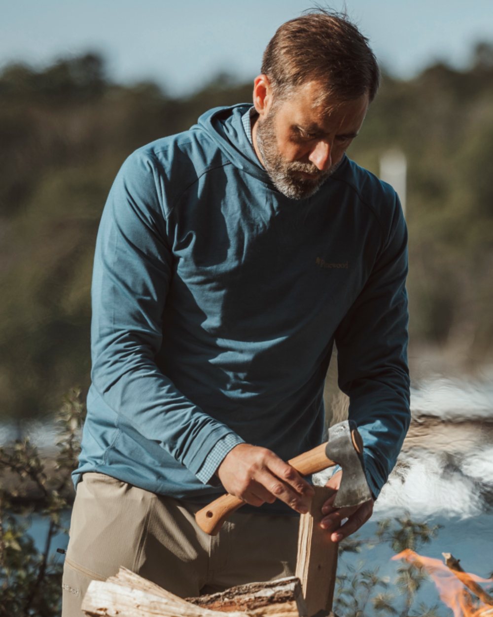 Fog Blue coloured Pinewood Mens Insectsafe Function Hoodie on forest background 