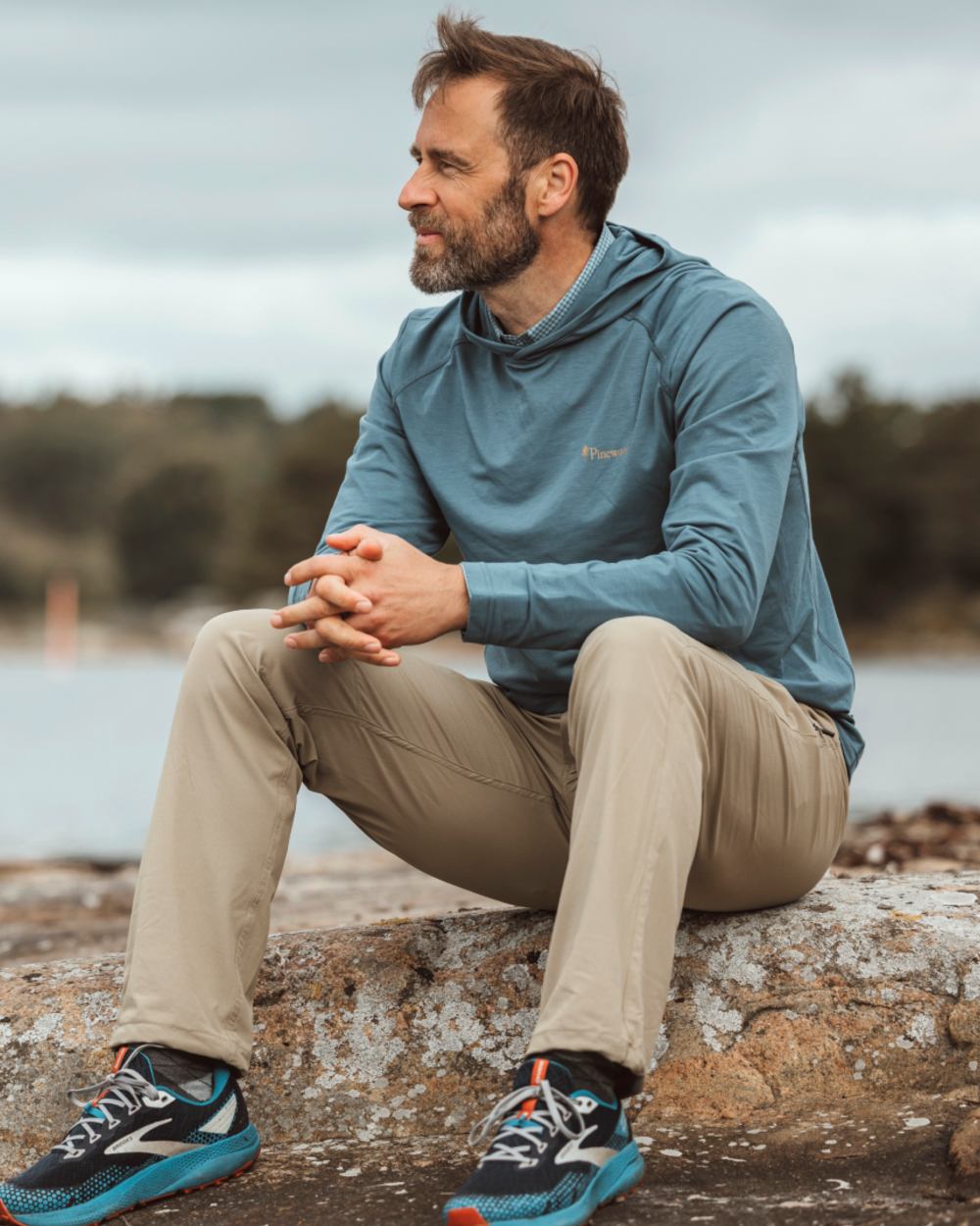 Fog Blue coloured Pinewood Mens Insectsafe Function Hoodie on forest background 