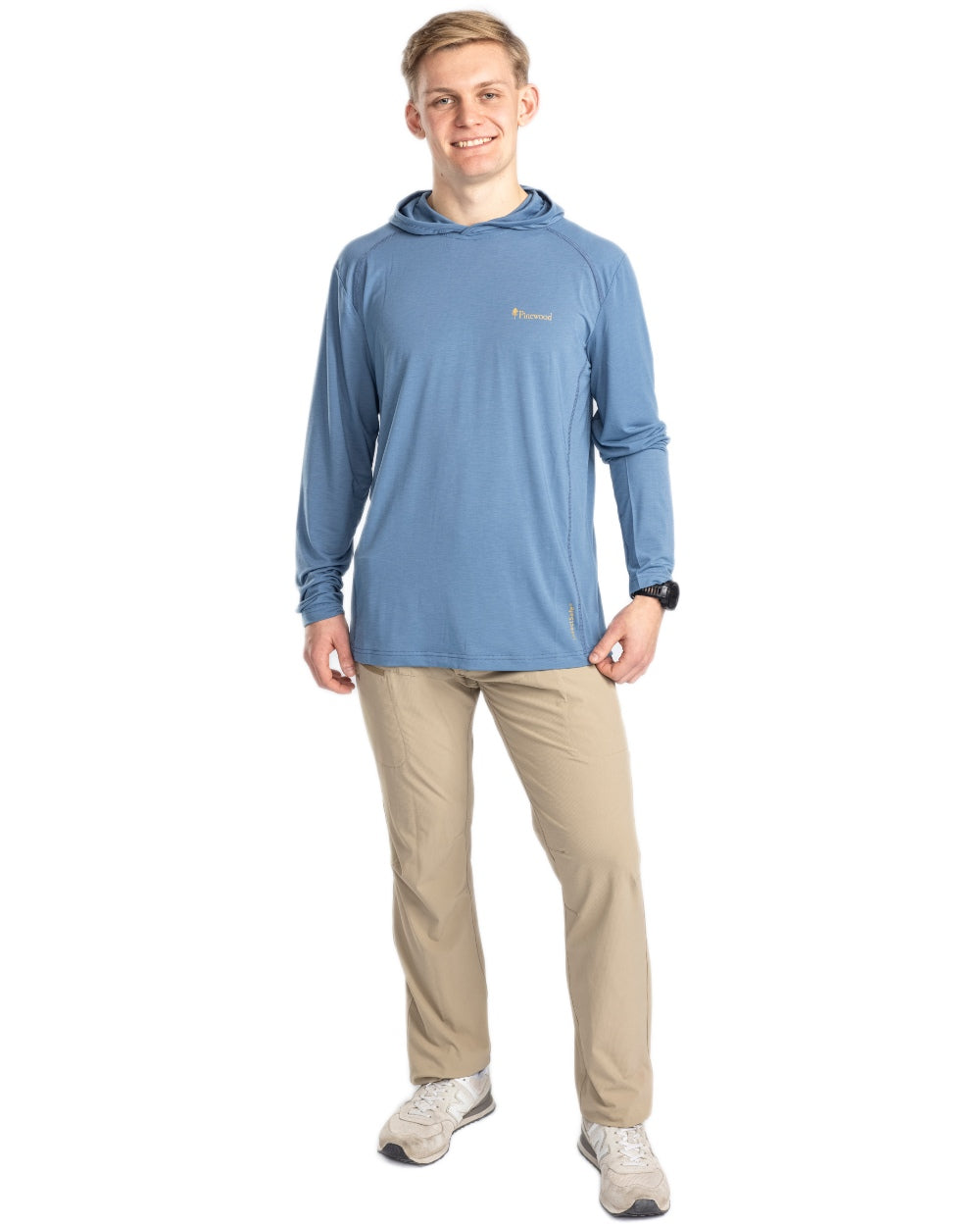 Fog Blue coloured Pinewood Mens Insectsafe Function Hoodie on white background 