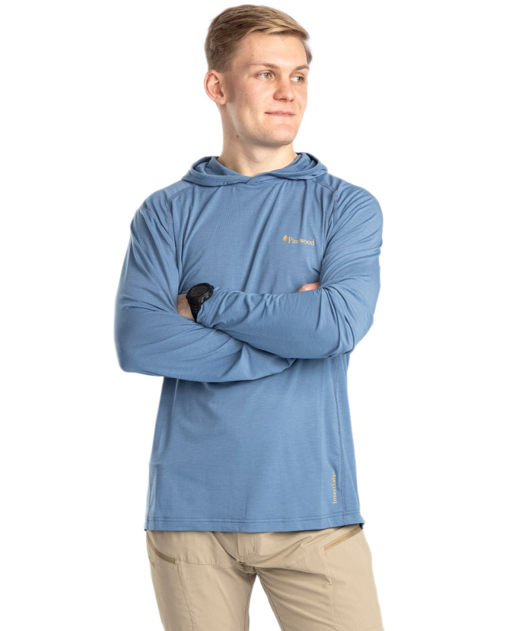 Fog Blue coloured Pinewood Mens Insectsafe Function Hoodie on white background 