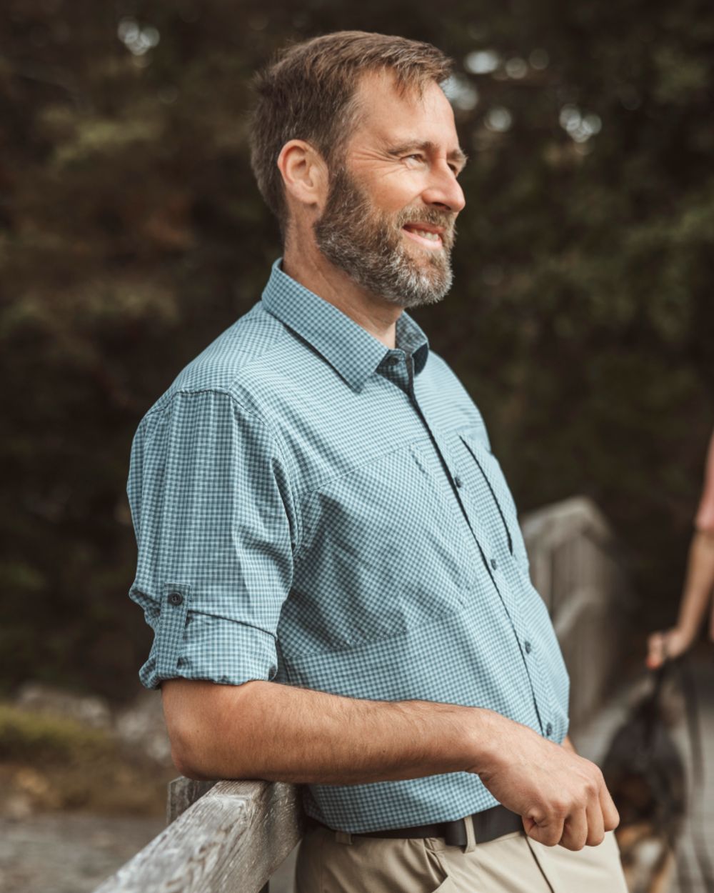 Fog Blue Off White coloured Pinewood Mens Insectsafe Long Sleeve Shirt on outdoor background 