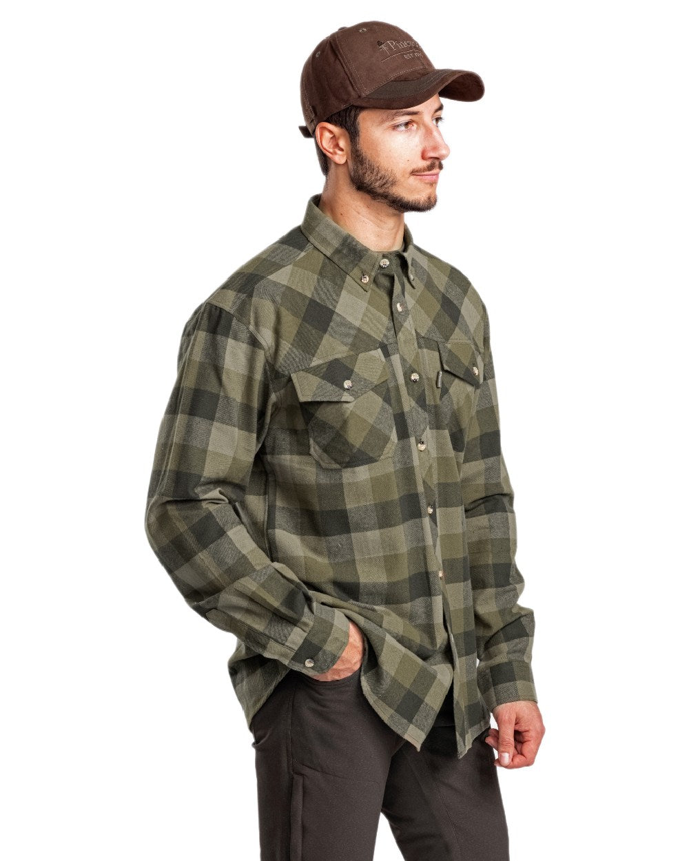 Olive Suede Brown coloured Pinewood Mens Lumbo Shirt on white background 