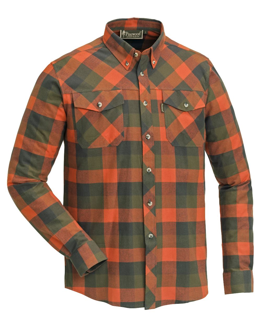 Terracotta Green coloured Pinewood Mens Lumbo Shirt on forest background 
