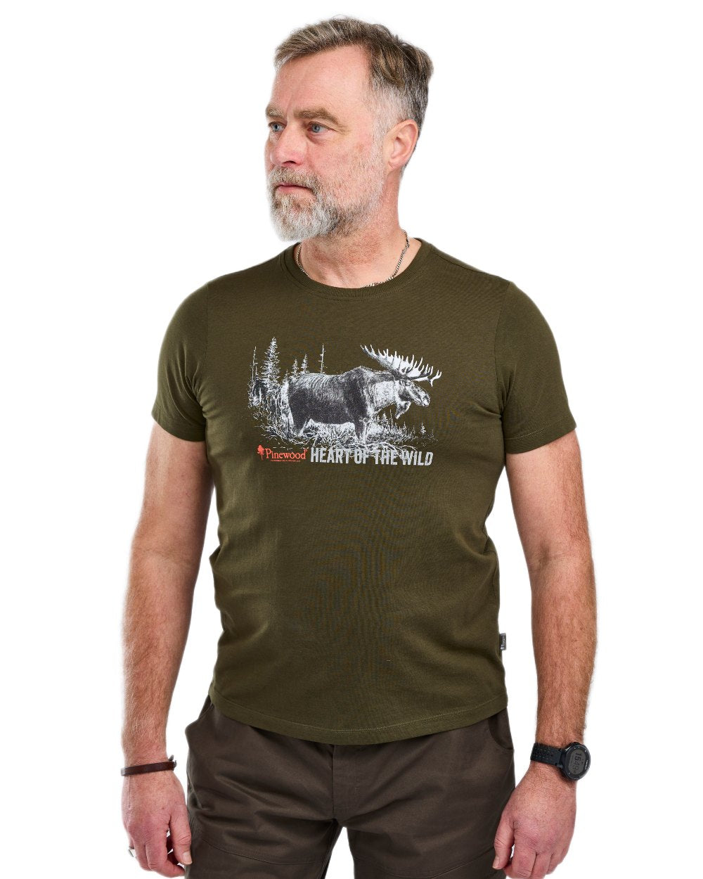 Green coloured Pinewood Mens Moose T-Shirt on white background 