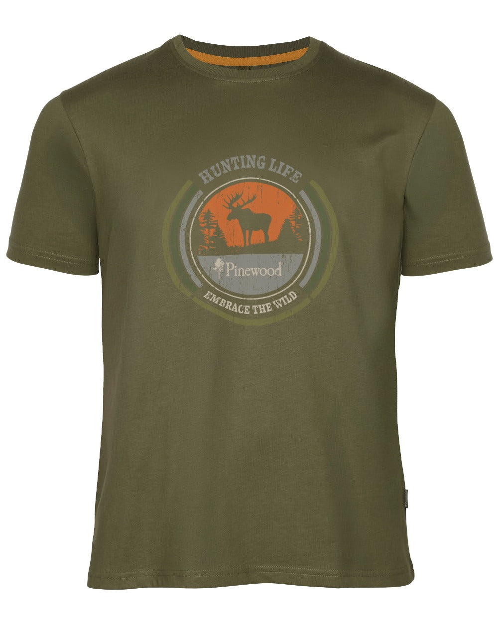 Hunter Olive coloured Pinewood Mens Moose T-Shirt on white background 