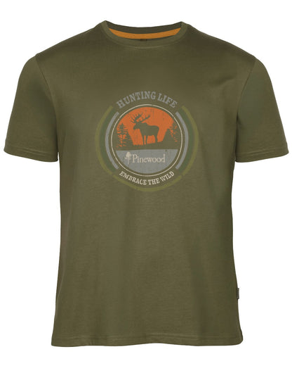 Hunter Olive coloured Pinewood Mens Moose T-Shirt on white background 