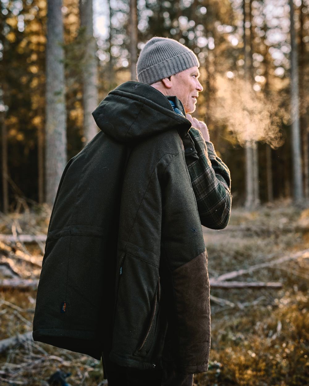 Mossgreen Suede Brown Coloured Pinewood Mens Nydala Insulation Wool Parka on outdoor background 
