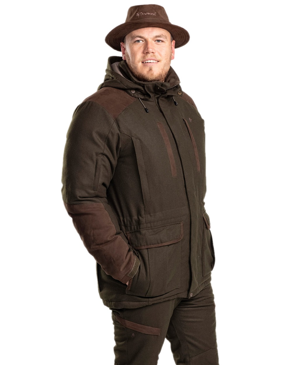 Mossgreen Suede Brown Coloured Pinewood Mens Nydala Insulation Wool Parka on white background 
