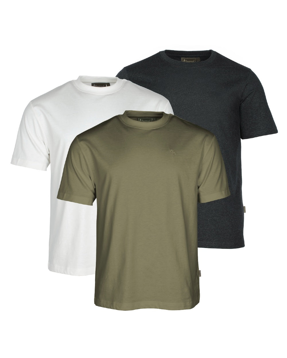 Olive White Dark Anthracite coloured Pinewood Mens Outdoor 3-Pack T-Shirt on white background 