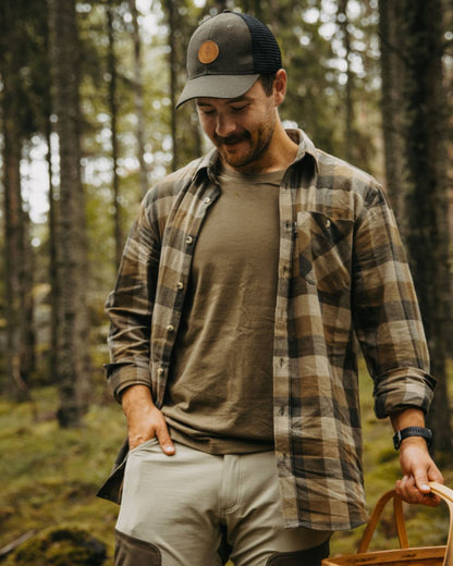 Olive White Dark Anthracite coloured Pinewood Mens Outdoor 3-Pack T-Shirt on forest background 