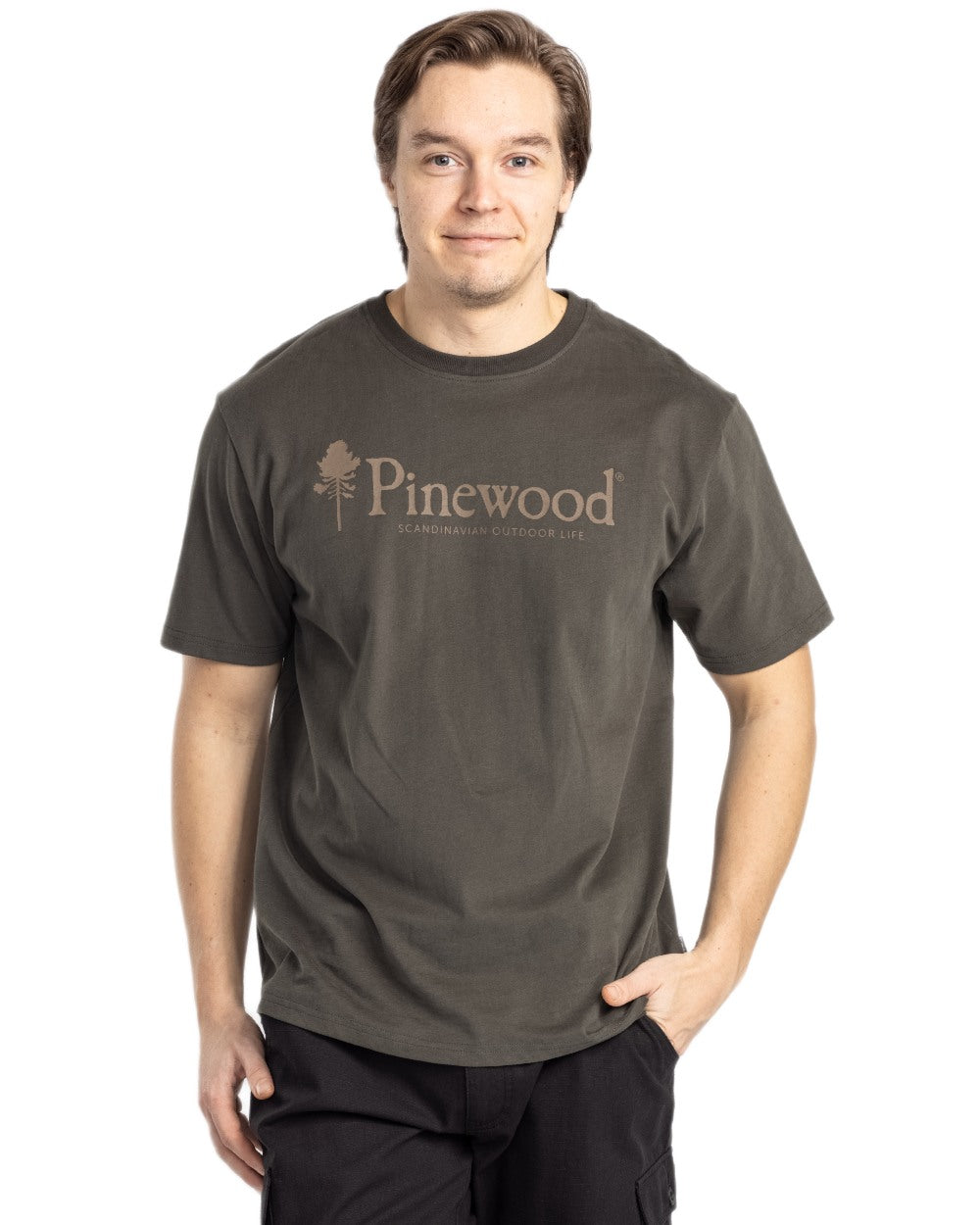 Dark Green coloured Pinewood Mens Outdoor Life T-Shirt on white background 