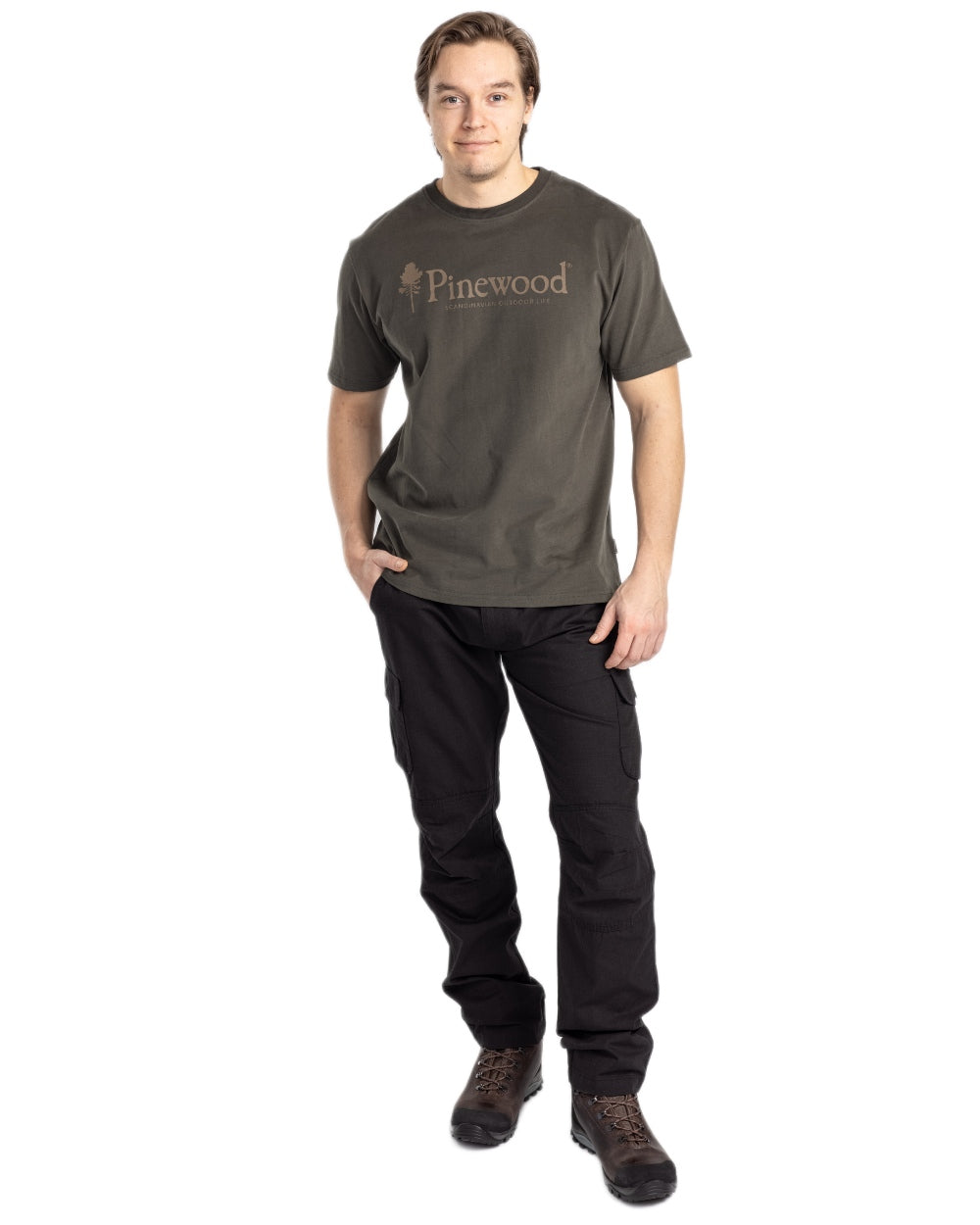 Dark Green coloured Pinewood Mens Outdoor Life T-Shirt on white background 