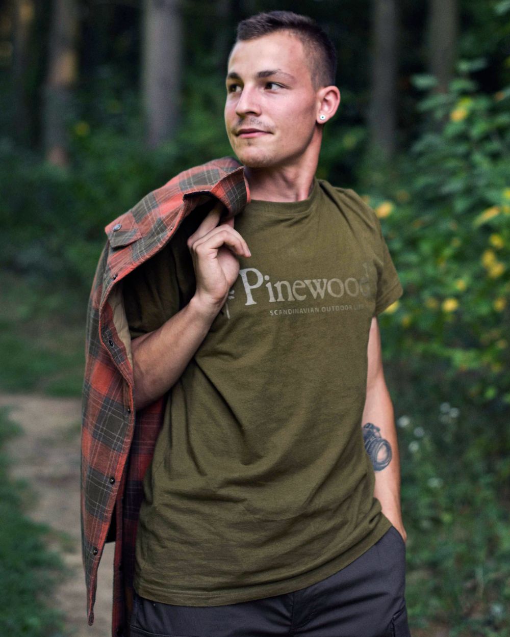 Hunter Olive coloured Pinewood Mens Outdoor Life T-Shirt on forest background 