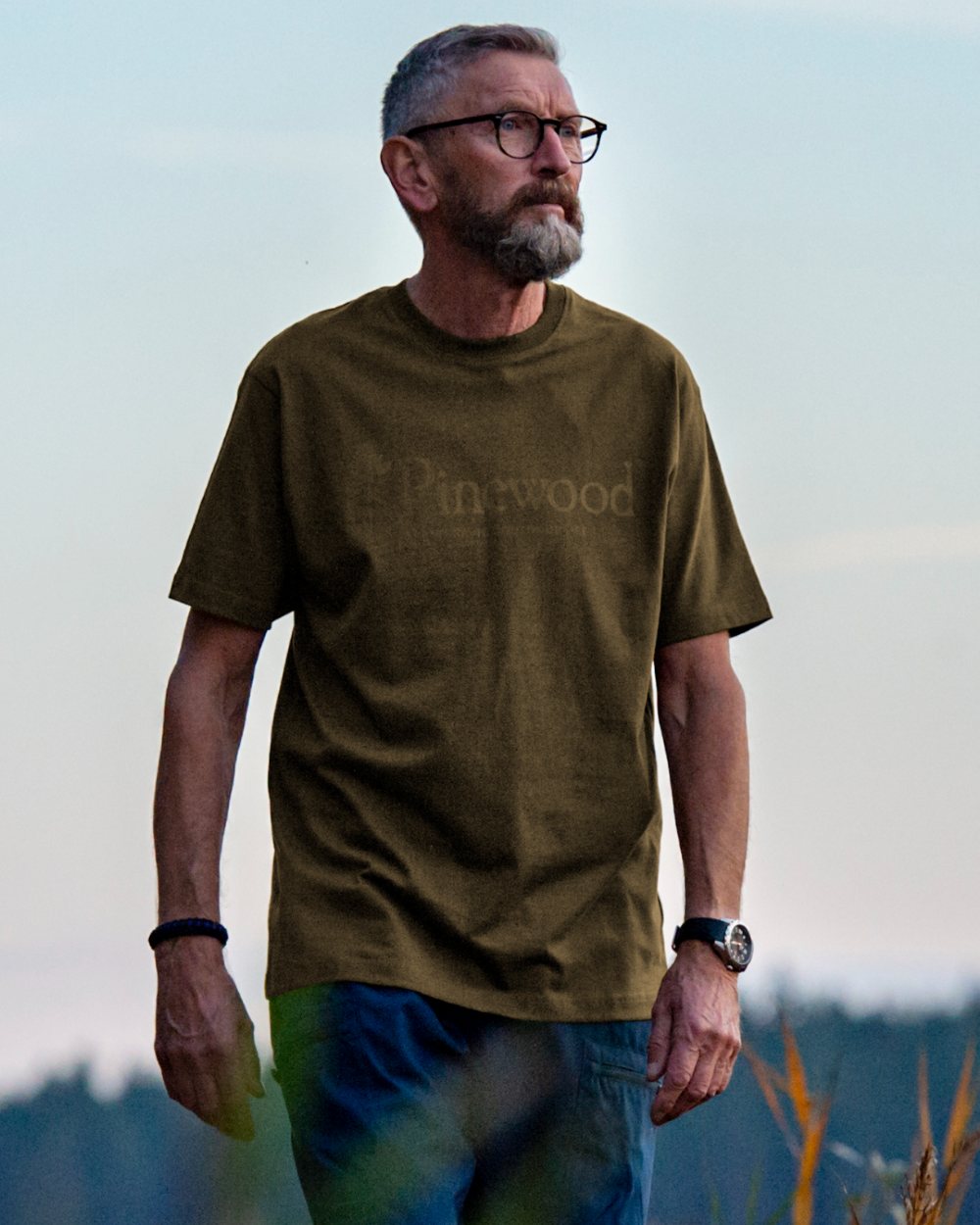 Hunter Olive coloured Pinewood Mens Outdoor Life T-Shirt on outdoor background 
